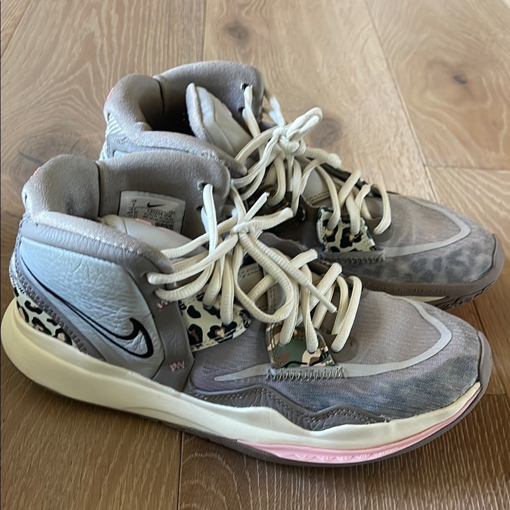 Kyrie Low 5; Nike Women's Leopard Print Sneakers - Gray and Cream